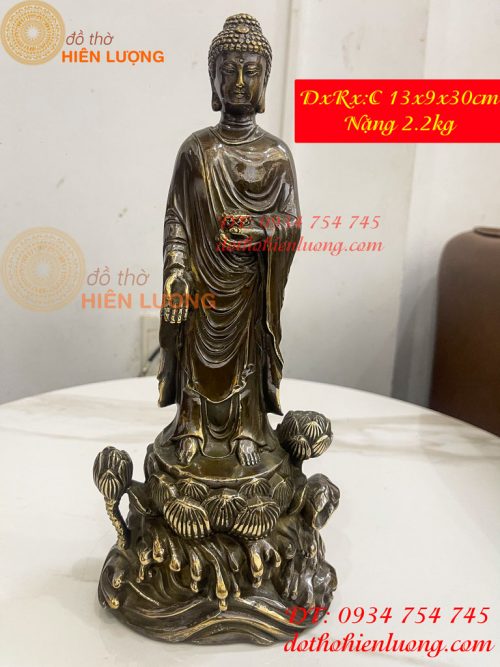 Tượng Phật Thích Ca Đứng Đài Sen Bằng Đồng Hun Cao 30cm