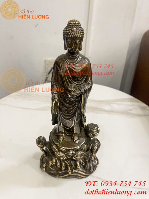 Tượng Phật Thích Ca Đứng Đài Sen Bằng Đồng Hun Cao 30cm