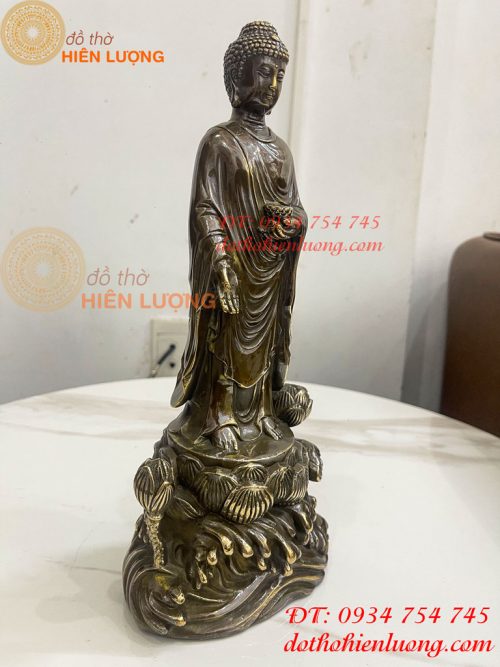 Tượng Phật Thích Ca Đứng Đài Sen Bằng Đồng Hun Cao 30cm