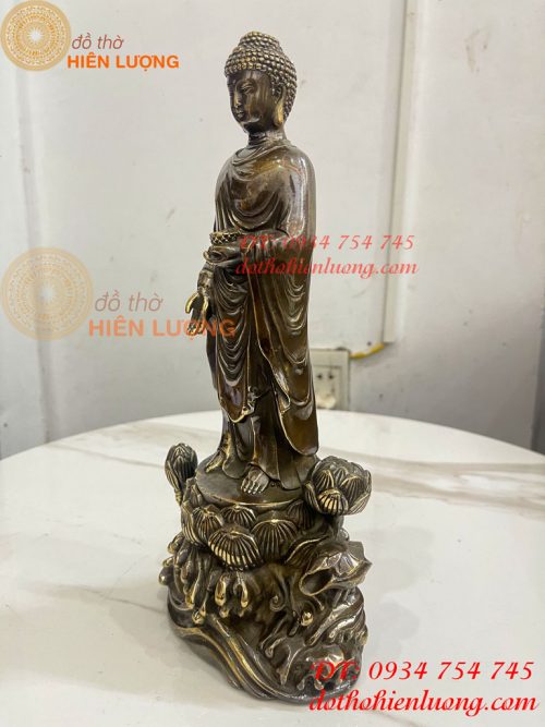 Tượng Phật Thích Ca Đứng Đài Sen Bằng Đồng Hun Cao 30cm