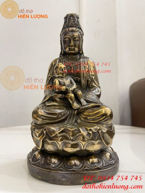 Tượng Phật Bà Quan Âm Tống Tử Bằng Đồng Hun Cao 21cm