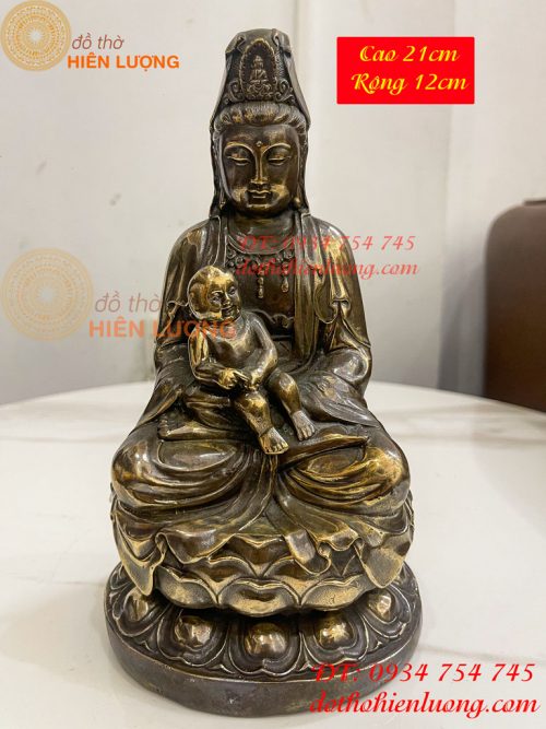 Tượng Phật Bà Quan Âm Tống Tử Bằng Đồng Hun Cao 21cm