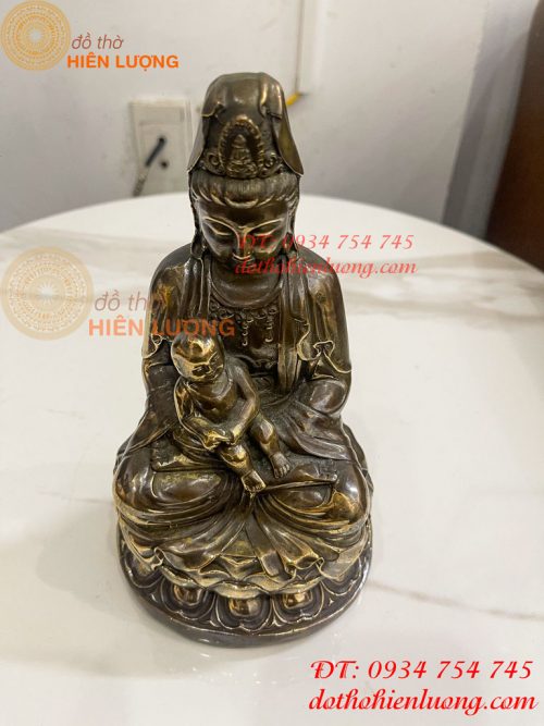 Tượng Phật Bà Quan Âm Tống Tử Bằng Đồng Hun Cao 21cm