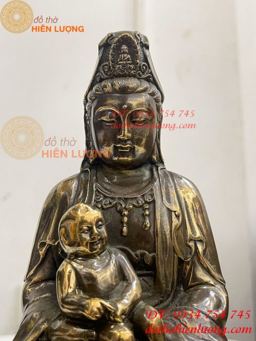 Tượng Phật Bà Quan Âm Tống Tử Bằng Đồng Hun Cao 21cm
