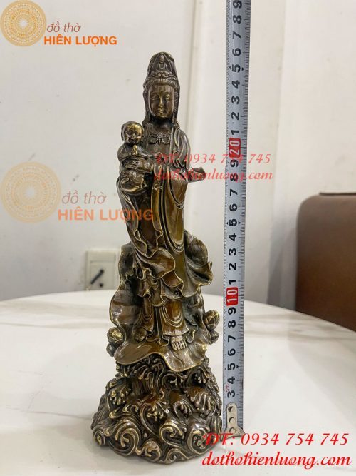 Tượng Quan Âm Tống Tử Đứng Bằng Đồng Hun Cao 26cm