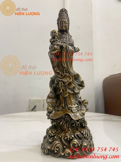 Tượng Quan Âm Tống Tử Đứng Bằng Đồng Hun Cao 26cm