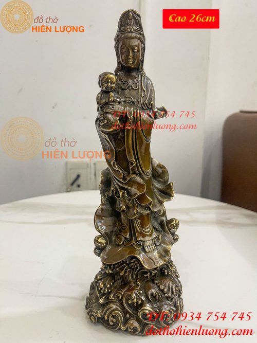 Tượng Quan Âm Tống Tử Đứng Bằng Đồng Hun Cao 26cm