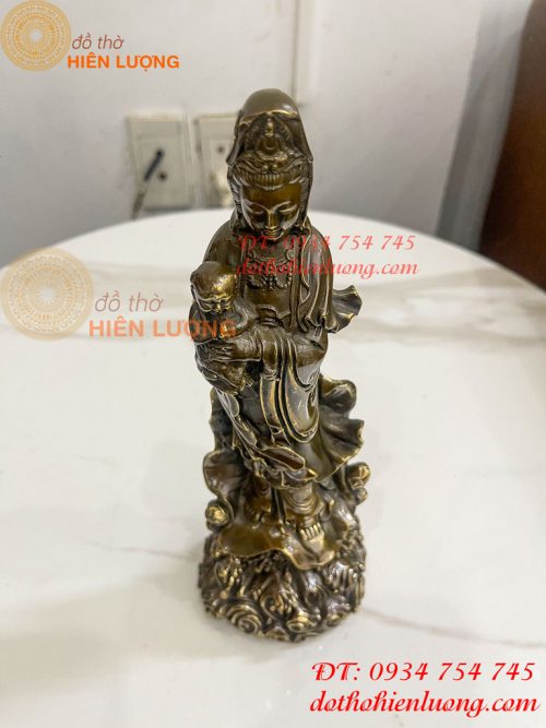 Tượng Quan Âm Tống Tử Đứng Bằng Đồng Hun Cao 26cm