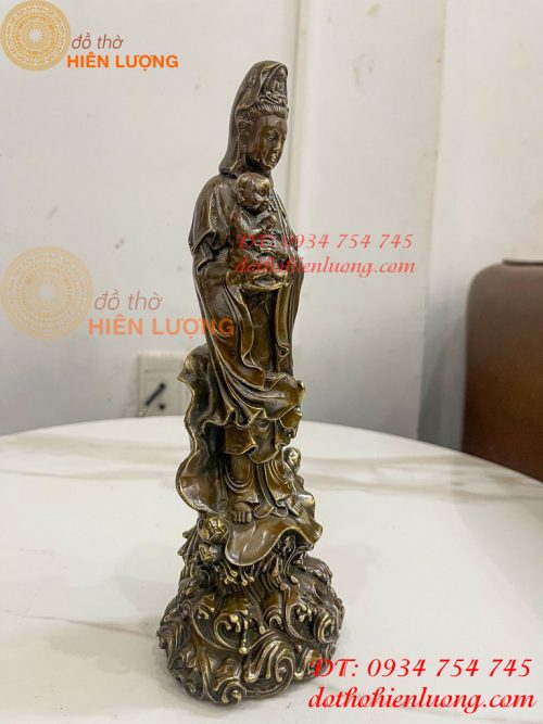 Tượng Quan Âm Tống Tử Đứng Bằng Đồng Hun Cao 26cm