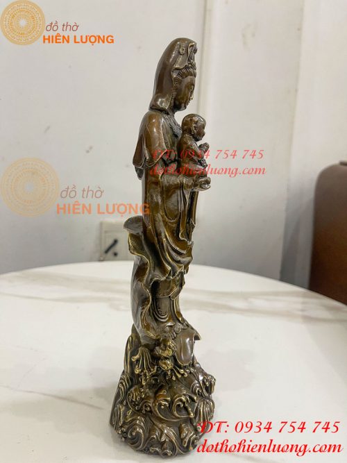 Tượng Quan Âm Tống Tử Đứng Bằng Đồng Hun Cao 26cm