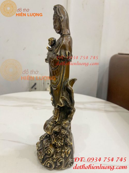 Tượng Quan Âm Tống Tử Đứng Bằng Đồng Hun Cao 26cm