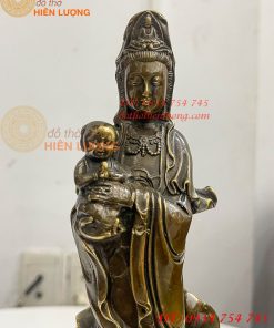 Tượng Quan Âm Tống Tử Đứng Bằng Đồng Hun Cao 26cm