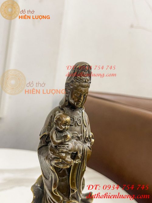 Tượng Quan Âm Tống Tử Đứng Bằng Đồng Hun Cao 26cm