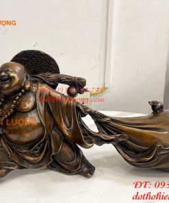 Tượng Di Lặc Kéo Bao Tài Lộc Bằng Đồng Dài 42cm