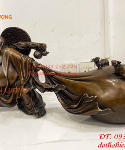 Tượng Di Lặc Kéo Bao Tài Lộc Bằng Đồng Dài 42cm