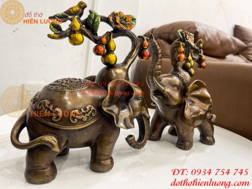 Đôi Voi Hồ Lô Cành Mai Chim Uyên Ương Bằng Đồng Hun Cao 23cm