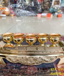 Bộ Ngai 5 Chén Rượu Bằng Đồng Thờ Cúng