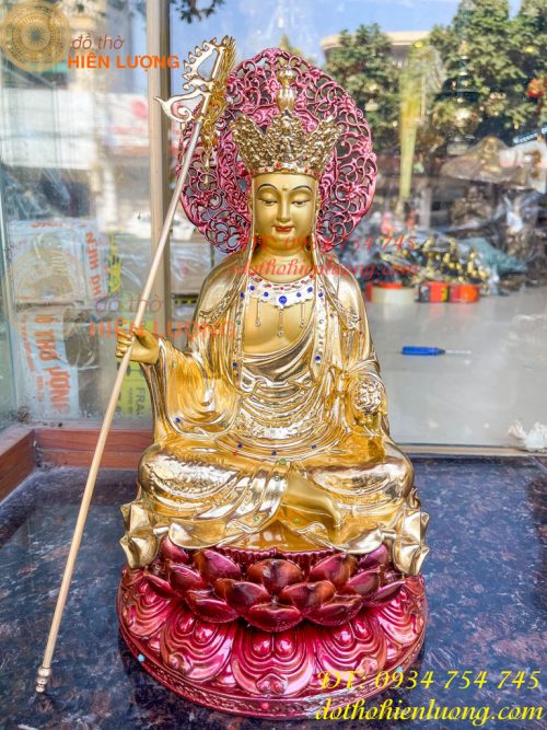 Tượng Địa Tạng Cao 35cm Bằng Đồng Dát Vàng Vẽ Diện