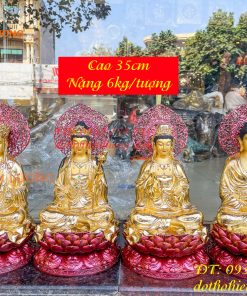 Bộ Tượng Phật Cao 35cm Bằng Đồng Dát Vàng Vẽ Diện