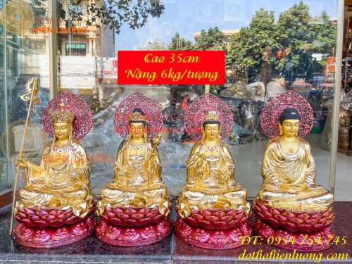 Bộ Tượng Phật Cao 35cm Bằng Đồng Dát Vàng Vẽ Diện