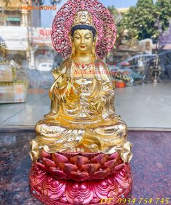 Tượng Phật Quan Âm Cao 35cm Bằng Đồng Dát Vàng Vẽ Diện