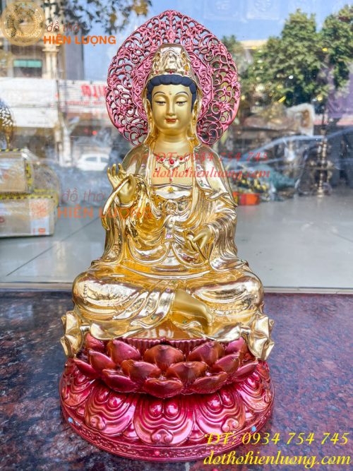 Tượng Phật Quan Âm Cao 35cm Bằng Đồng Dát Vàng Vẽ Diện