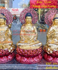 Bộ Tượng Tam Thánh Cao 35cm Bằng Đồng Dát Vàng Vẽ Diện