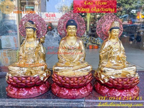 Bộ Tượng Tam Thánh Cao 35cm Bằng Đồng Dát Vàng Vẽ Diện