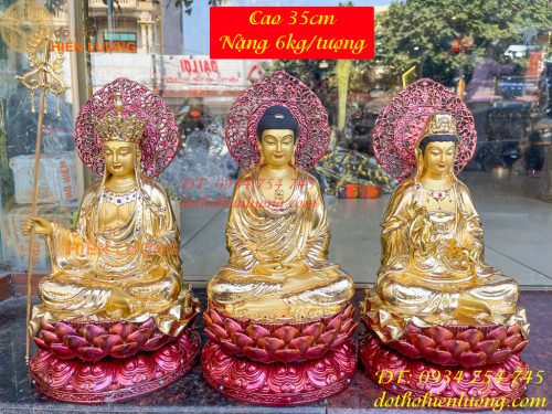 Bộ Tượng Sa Bà Tam Thánh Cao 35cm Bằng Đồng Vẽ Diện