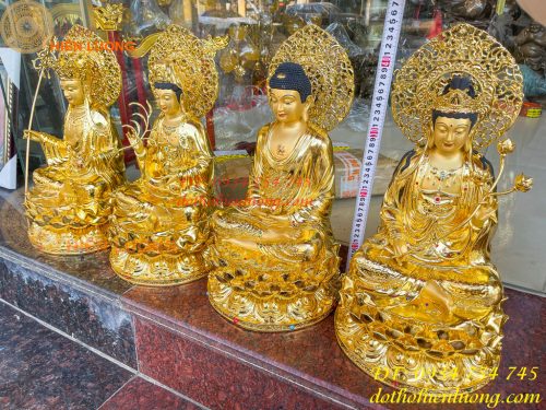 Bộ Tượng Phật Cao 45cm Bằng Đồng Dát Vàng Vẽ Diện