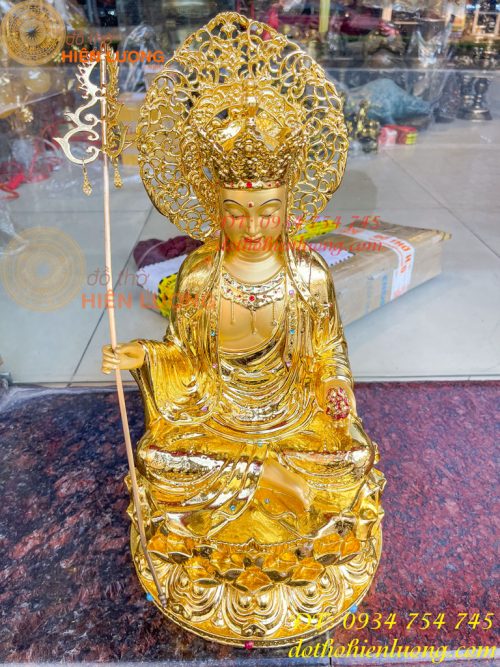 Tượng Địa Tạng Cao 45cm Bằng Đồng Dát Vàng Vẽ Diện