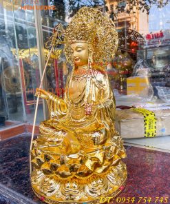 Tượng Địa Tạng Cao 45cm Bằng Đồng Dát Vàng Vẽ Diện