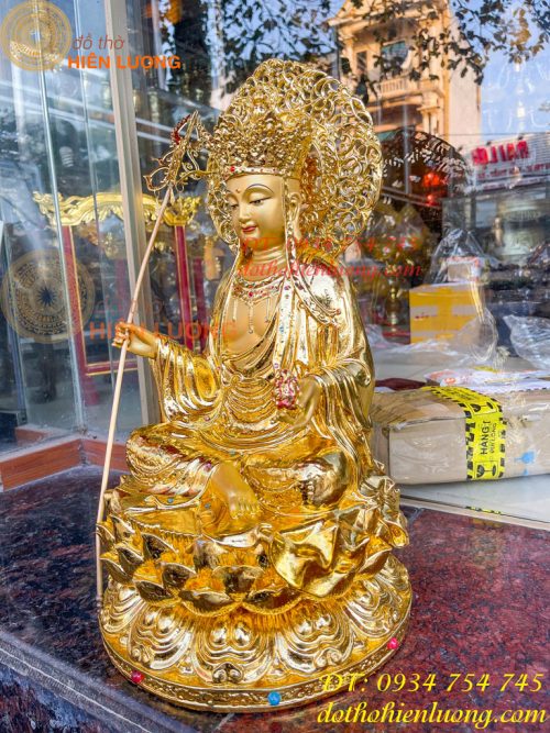 Tượng Địa Tạng Cao 45cm Bằng Đồng Dát Vàng Vẽ Diện