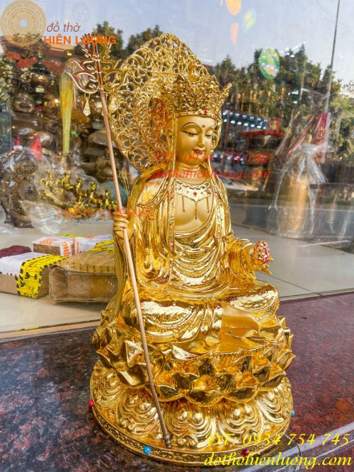 Tượng Địa Tạng Cao 45cm Bằng Đồng Dát Vàng Vẽ Diện