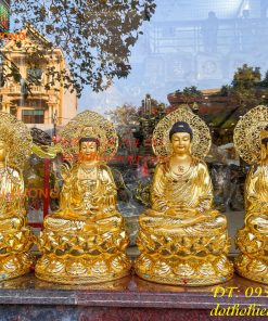 Bộ Tượng Phật Cao 45cm Bằng Đồng Dát Vàng Vẽ Diện
