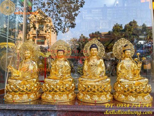 Bộ Tượng Phật Cao 45cm Bằng Đồng Dát Vàng Vẽ Diện