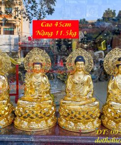 Bộ Tượng Phật Cao 45cm Bằng Đồng Dát Vàng Vẽ Diện