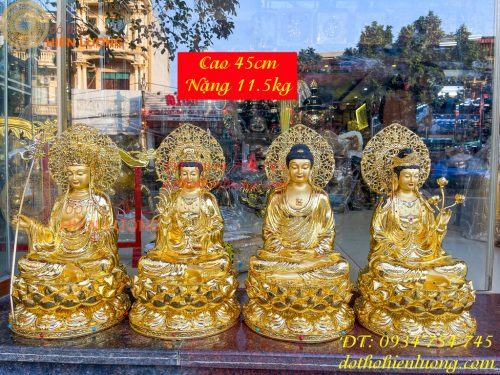 Bộ Tượng Phật Cao 45cm Bằng Đồng Dát Vàng Vẽ Diện