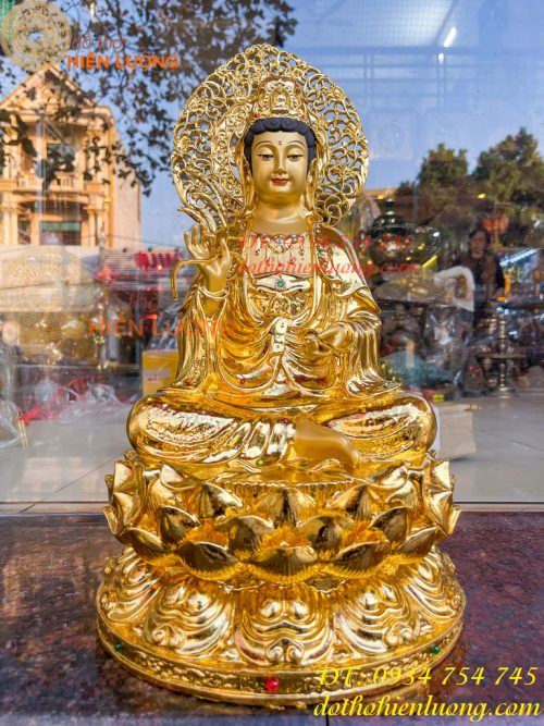 Tượng Quan Âm Cao 45cm Bằng Đồng Dát Vàng Vẽ Diện