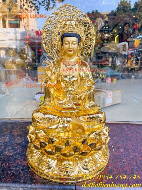 Tượng Quan Âm Cao 45cm Bằng Đồng Dát Vàng Vẽ Diện