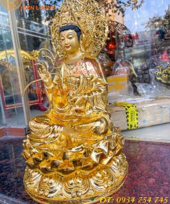 Tượng Quan Âm Cao 45cm Bằng Đồng Dát Vàng Vẽ Diện