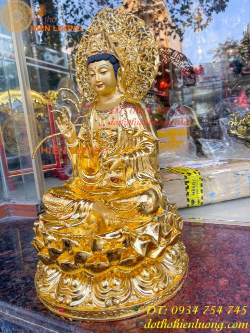 Tượng Quan Âm Cao 45cm Bằng Đồng Dát Vàng Vẽ Diện