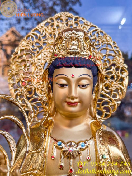 Tượng Quan Âm Cao 45cm Bằng Đồng Dát Vàng Vẽ Diện