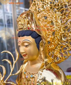 Tượng Quan Âm Cao 45cm Bằng Đồng Dát Vàng Vẽ Diện