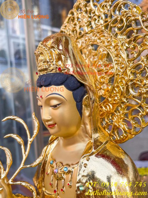 Tượng Quan Âm Cao 45cm Bằng Đồng Dát Vàng Vẽ Diện
