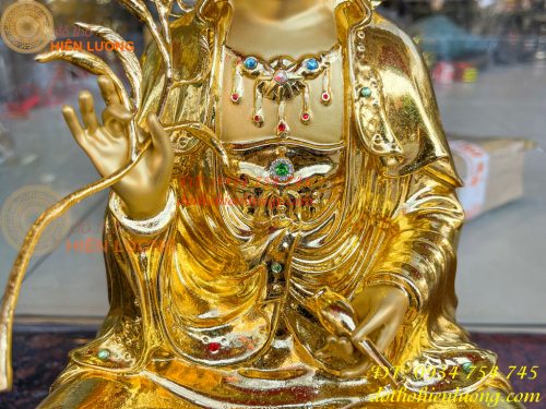 Tượng Quan Âm Cao 45cm Bằng Đồng Dát Vàng Vẽ Diện