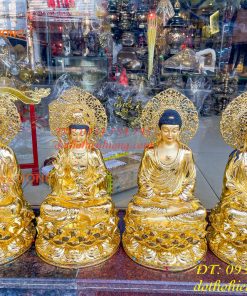 Bộ Tượng Phật Cao 45cm Bằng Đồng Dát Vàng Vẽ Diện