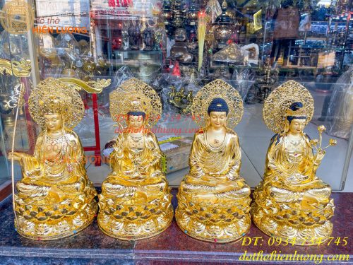 Bộ Tượng Phật Cao 45cm Bằng Đồng Dát Vàng Vẽ Diện