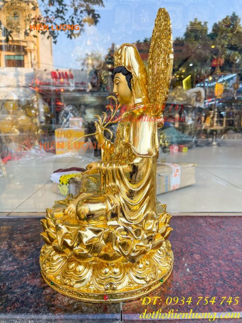 Tượng Quan Âm Cao 45cm Bằng Đồng Dát Vàng Vẽ Diện