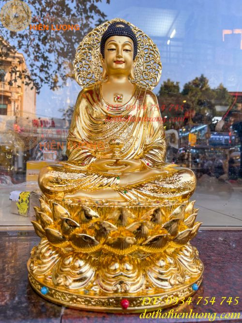 Tượng Phật Adida Cao 45cm Bằng Đồng Dát Vàng Vẽ Diện